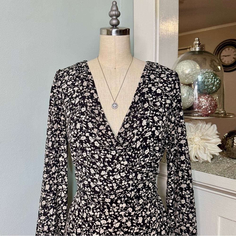 Lulus Fall Into You Black Floral Print Long Sleeve Wrap Dress Medium - Picture 4 of 14